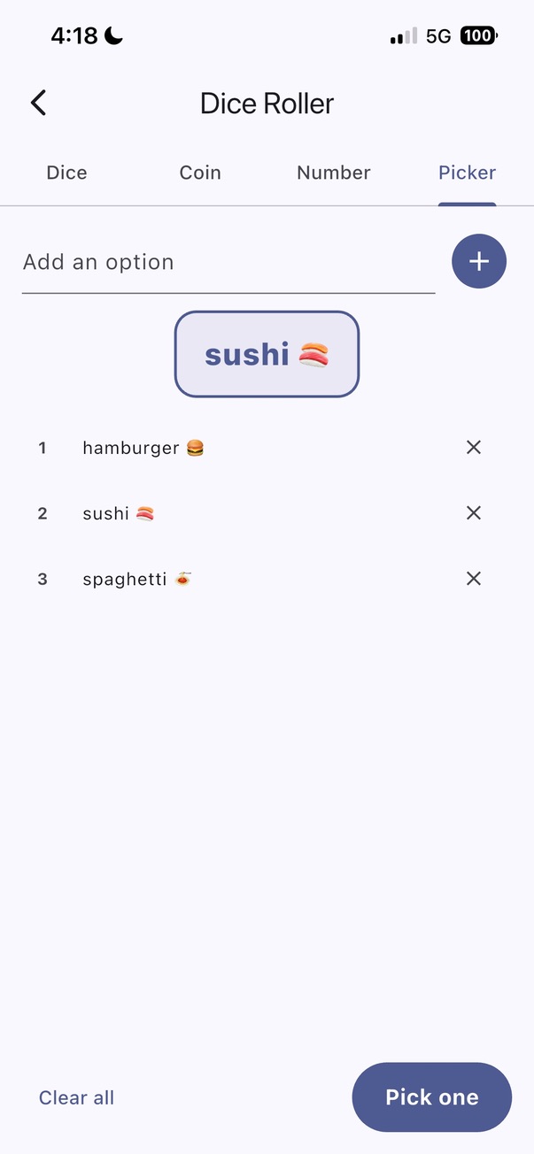Make a list. Tap Pick one. Useful at dinner.