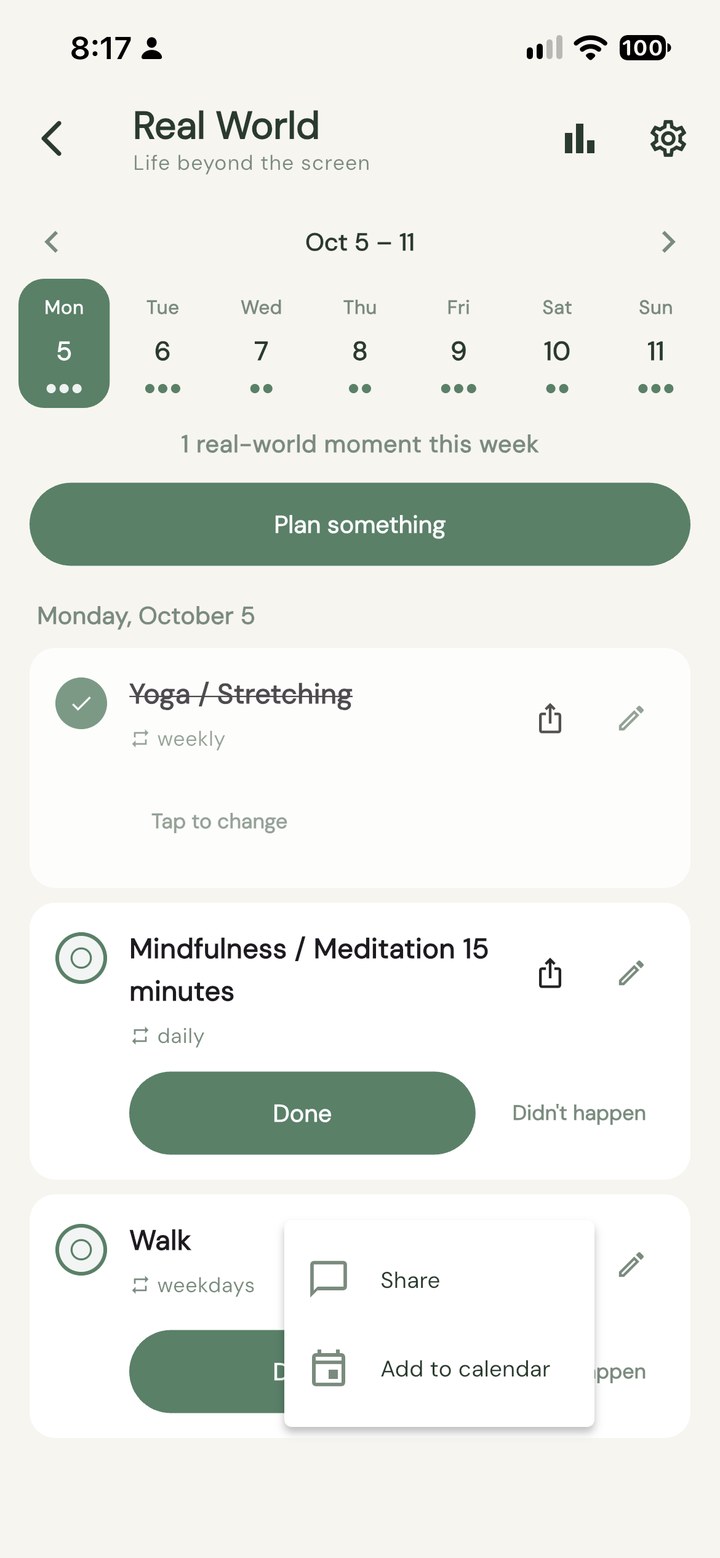 The share menu open on a planned activity, showing the Add to calendar option
