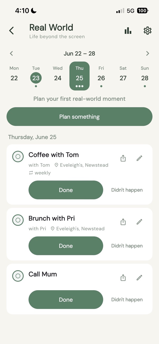 Mostli Real World main screen with planned activities for the week