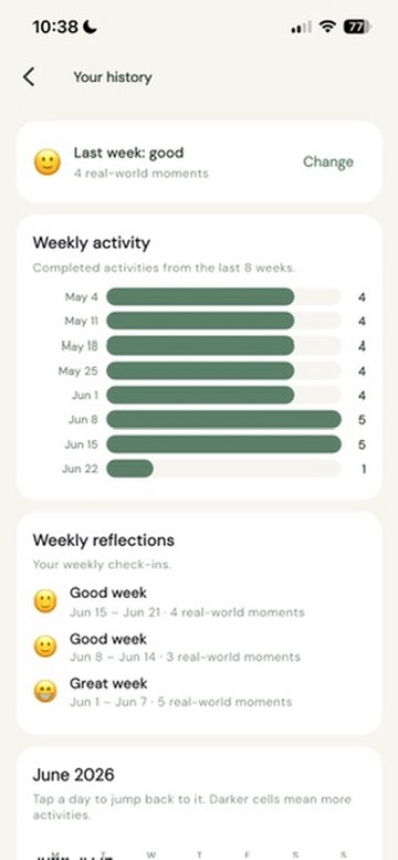 Eight weeks at a glance. No streak. Just the shape of how it's been going.