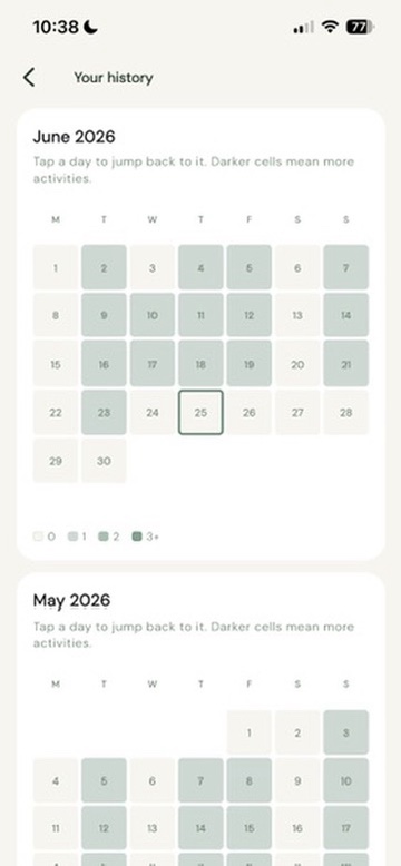 A month as a grid. Darker cells are busier days. Tap any day to jump back.