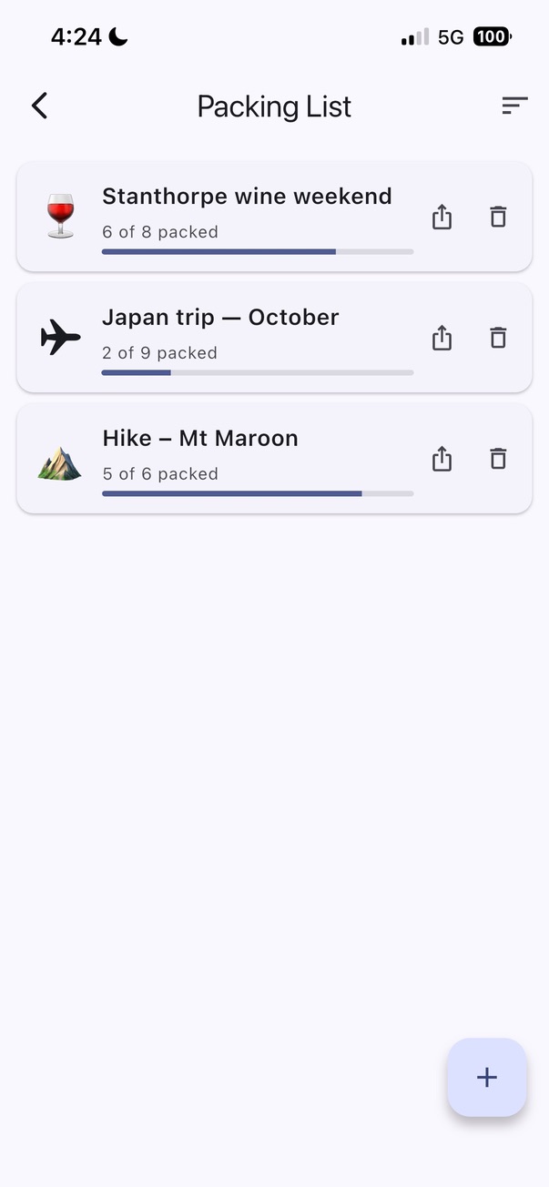 A list per trip. Tap as you pack. The progress bar closes.