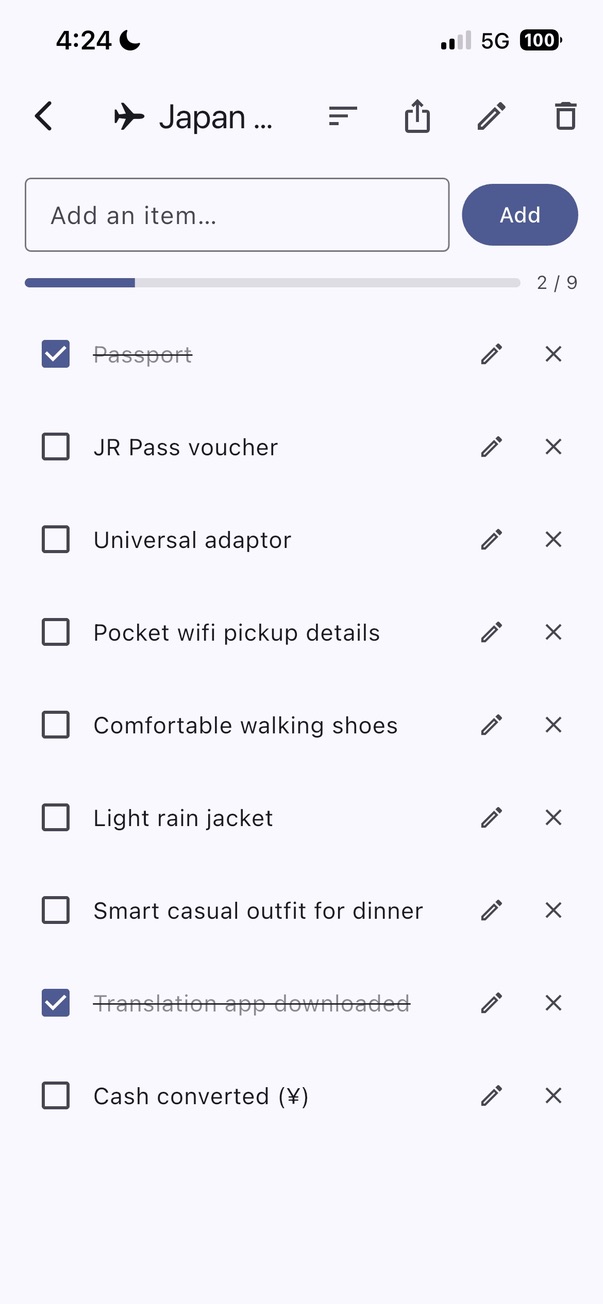 Things to pack. Things you've packed. Reset for the next trip.