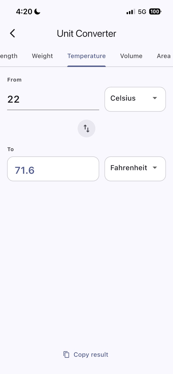 Pick units, type a value, copy the result.