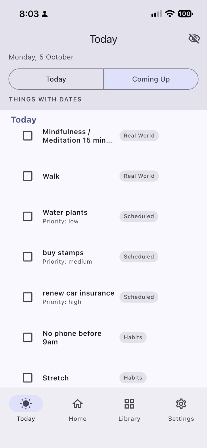 Coming Up list showing the next seven days of planned activities, habits, and meals.