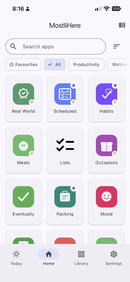 Home screen showing all apps as a grid of tiles
